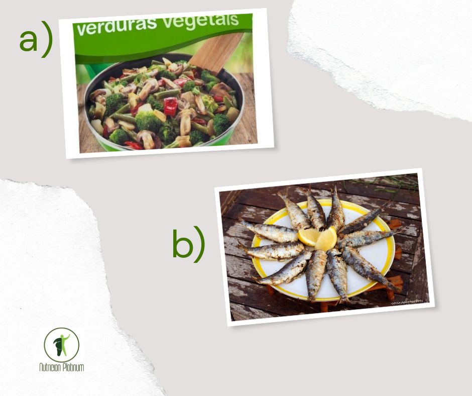 Salteado de verduras con sardinas a la plancha con sal y limón